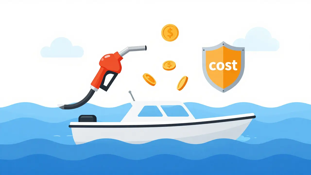Ilustración conceptual de un barco rodeado de símbolos de gastos como combustible