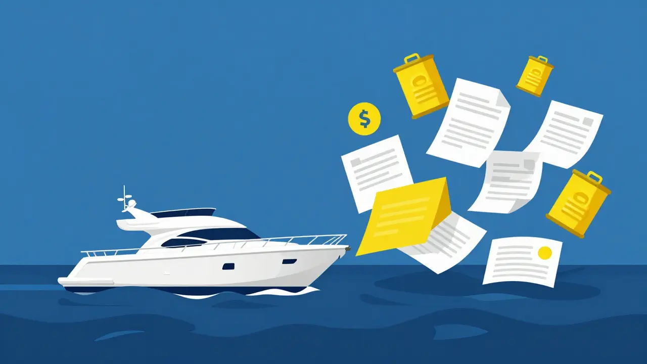 Ilustración conceptual mostrando un barco y elementos flotantes que representan costes ocultos como combustible y tasas