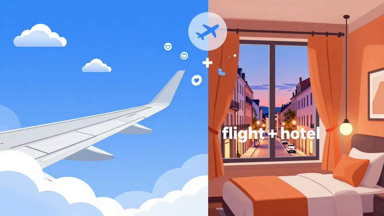 Ilustración moderna de avión y hotel urbano simbolizando viajes flexibles