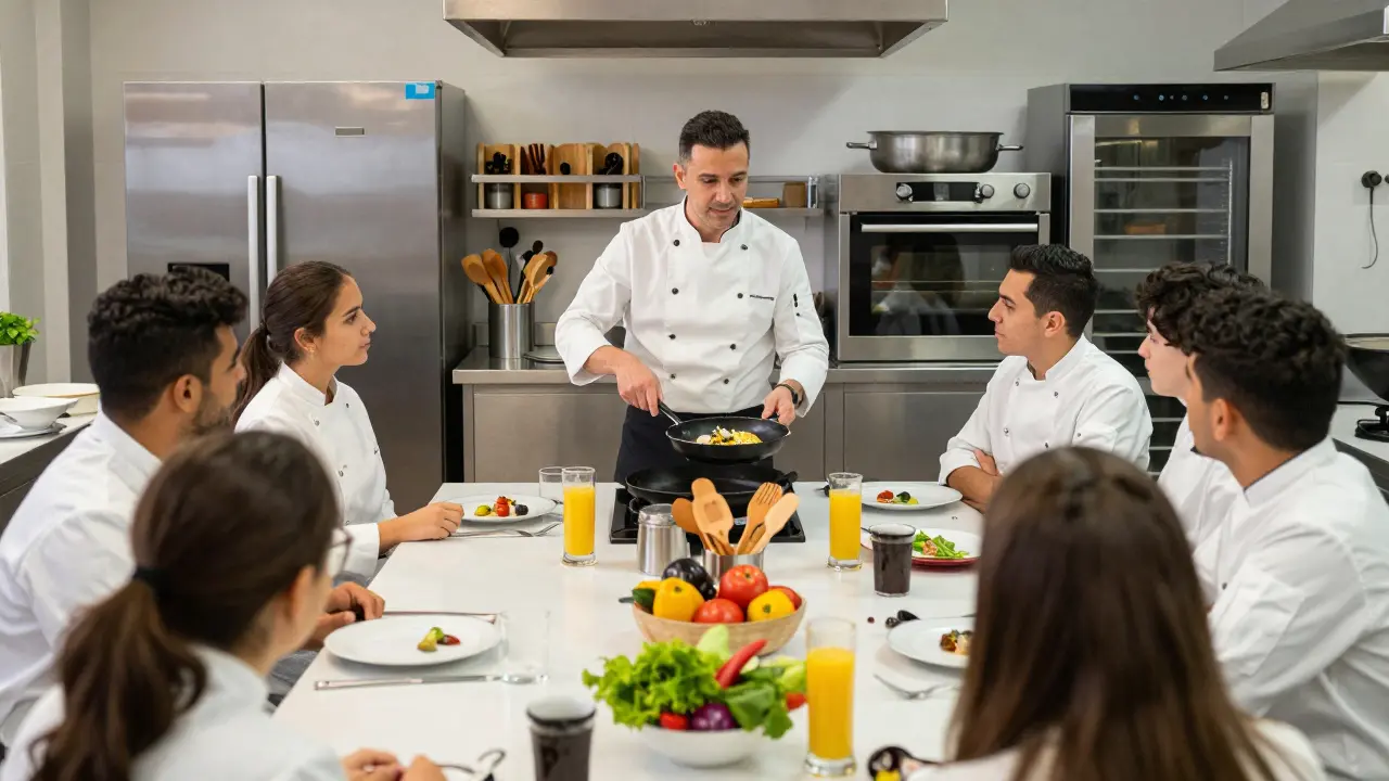 Instructor demostrando técnica culinaria a alumnos en una escuela de hostelería