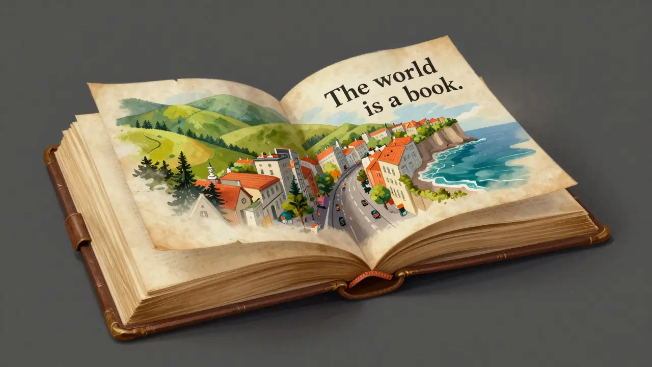 Libro abierto cuyas páginas se convierten en paisajes