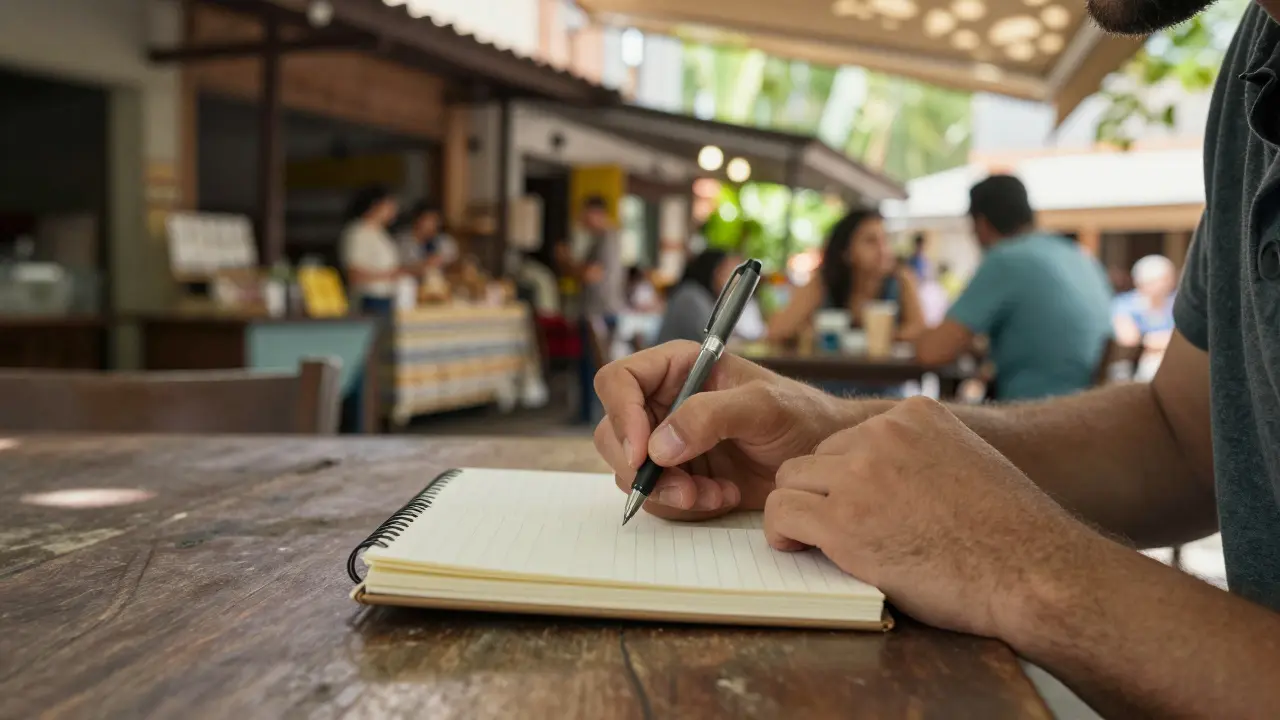 Manos escribiendo en diario en cafetería exterior