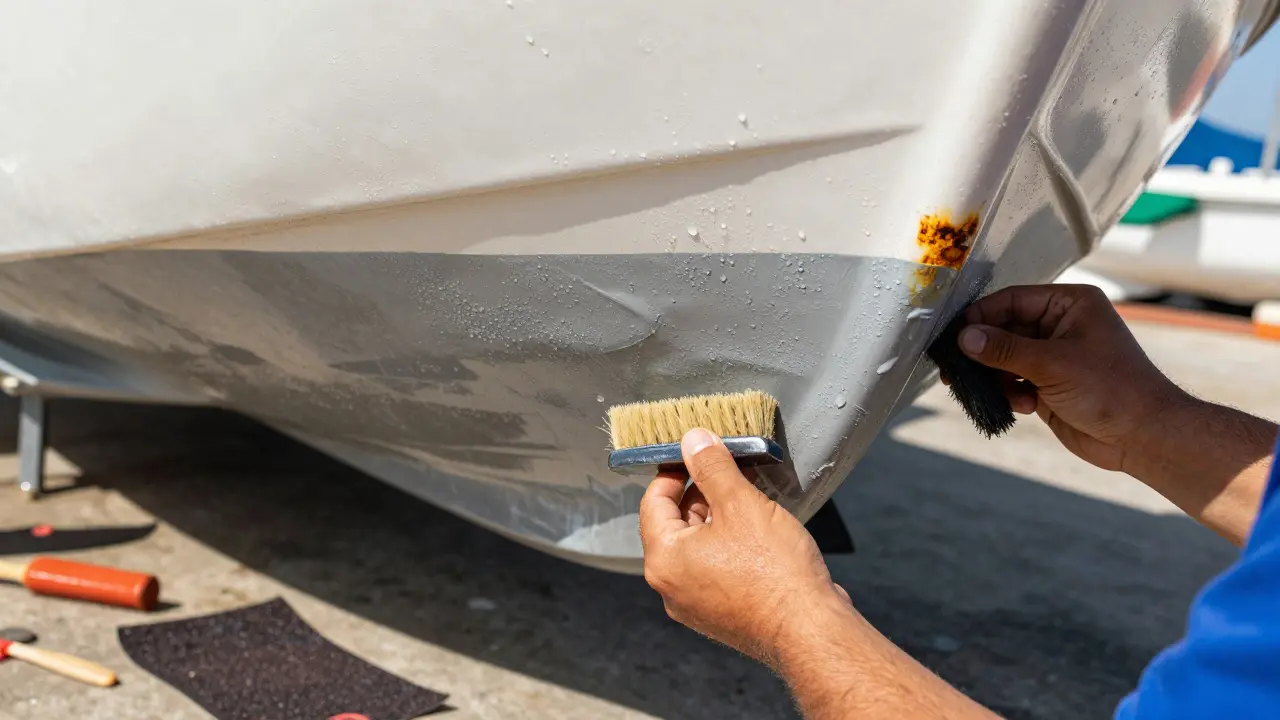 Mecánico aplicando pintura antincrustante en el casco de un barco fuera del agua