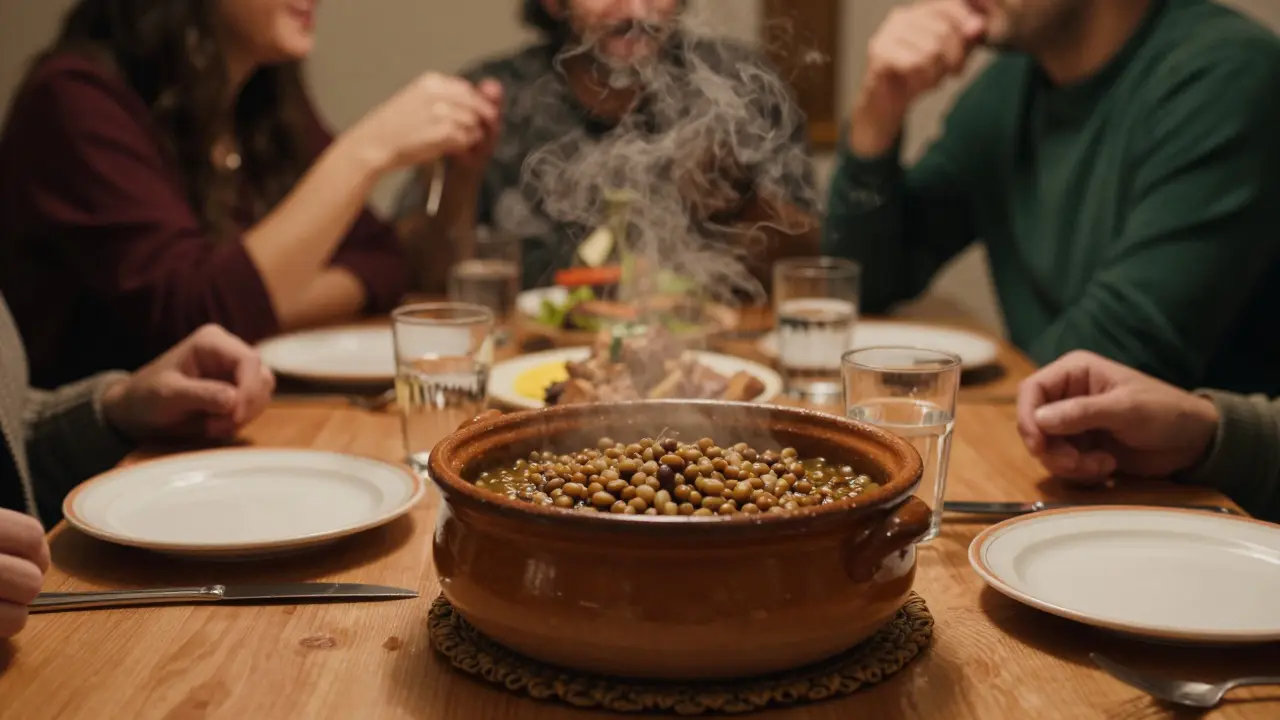 Mesa acogedora con estofado de lentejas y amigos comiendo juntos