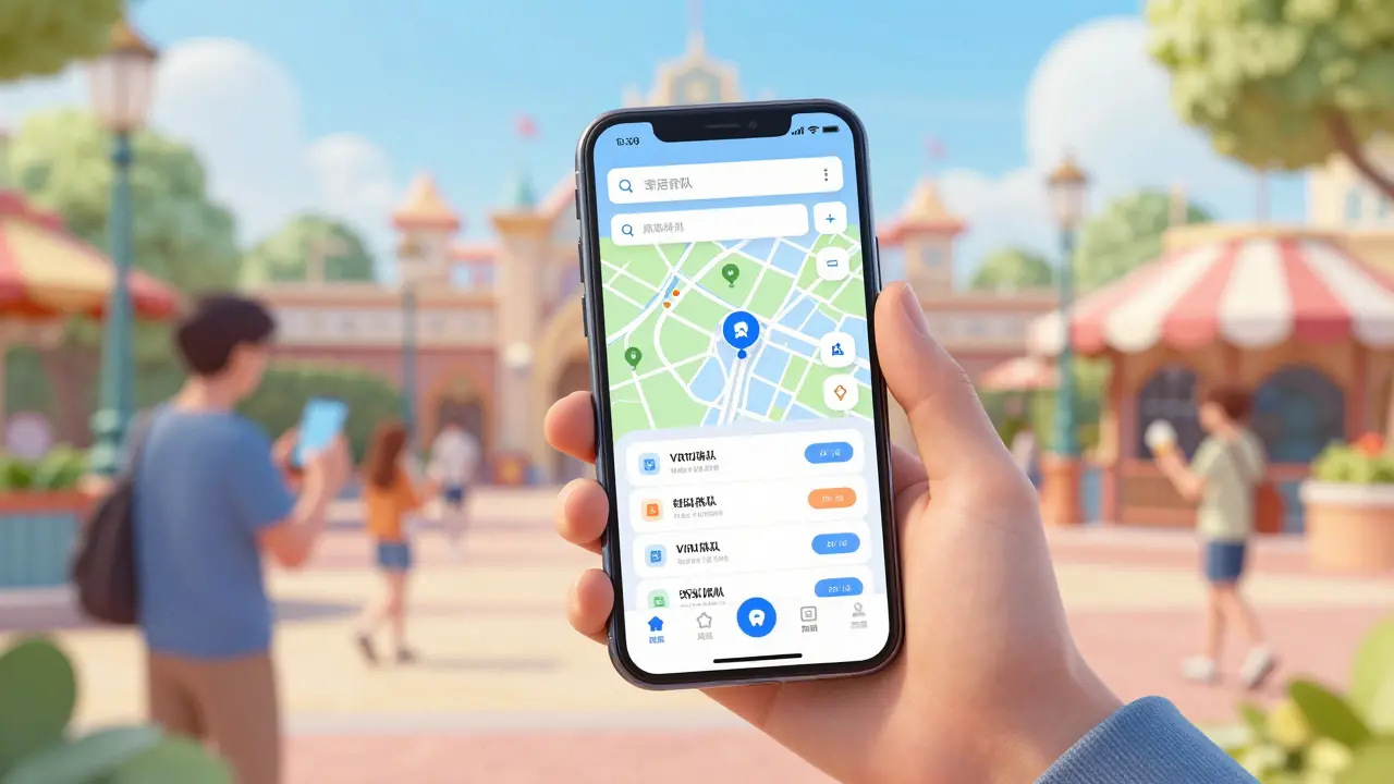 Persona usando una aplicación móvil para navegar por el parque