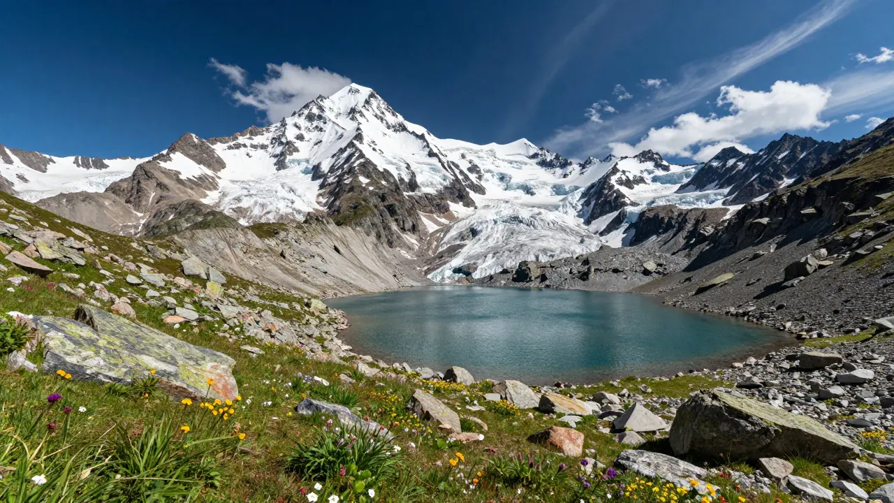 Picos nevados de los Pirineos y lago glaciar cerca de la Garona