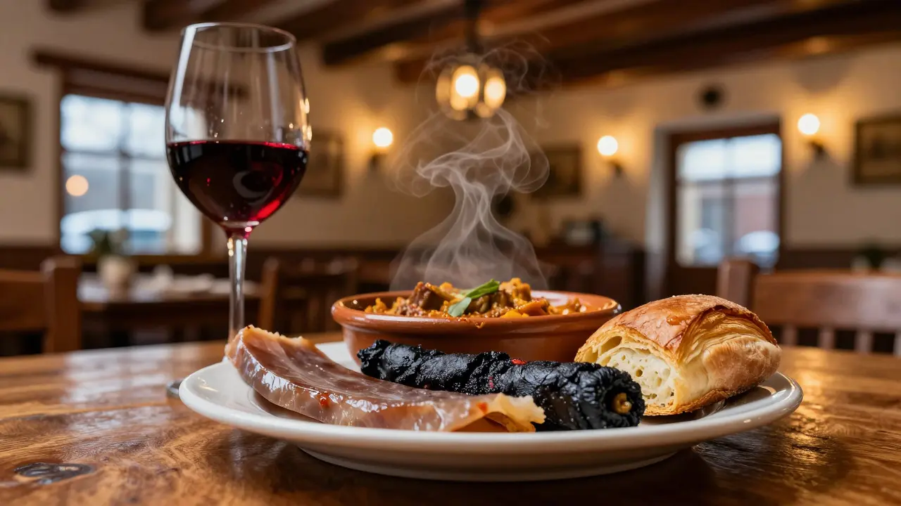 Plato tradicional mallorquín con embutidos y pan en restaurante acogedor
