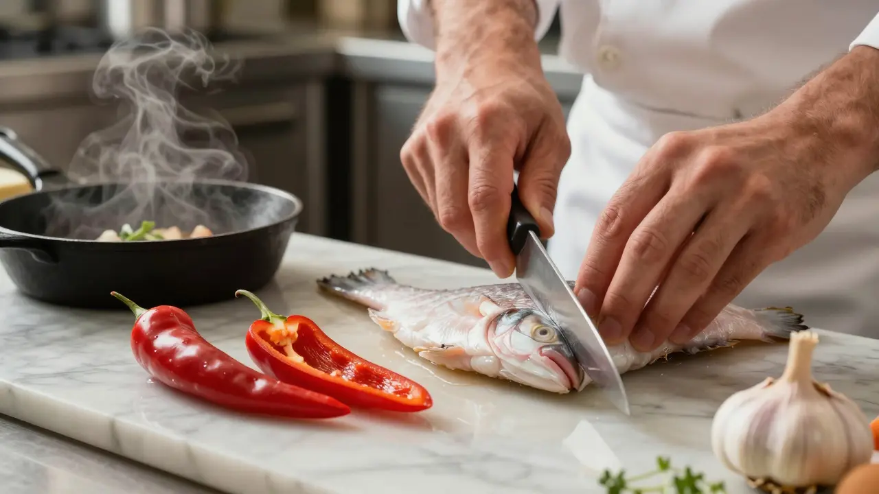 Primer plano de manos cortando ingredientes vascos frescos en un cuchillo profesional