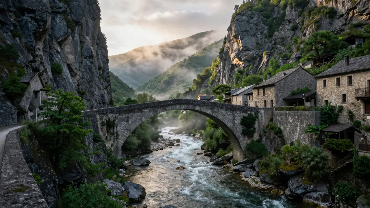 Puente medieval sobre el río Ésera en el cañón de Benabarre