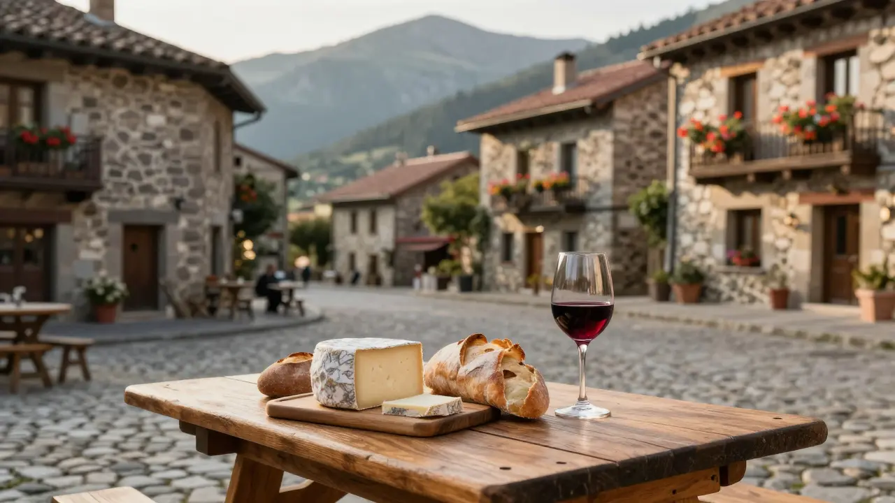 Queso truchillo y vino en una plaza de piedra de un pueblo pirenaico tradicional como Benasque.