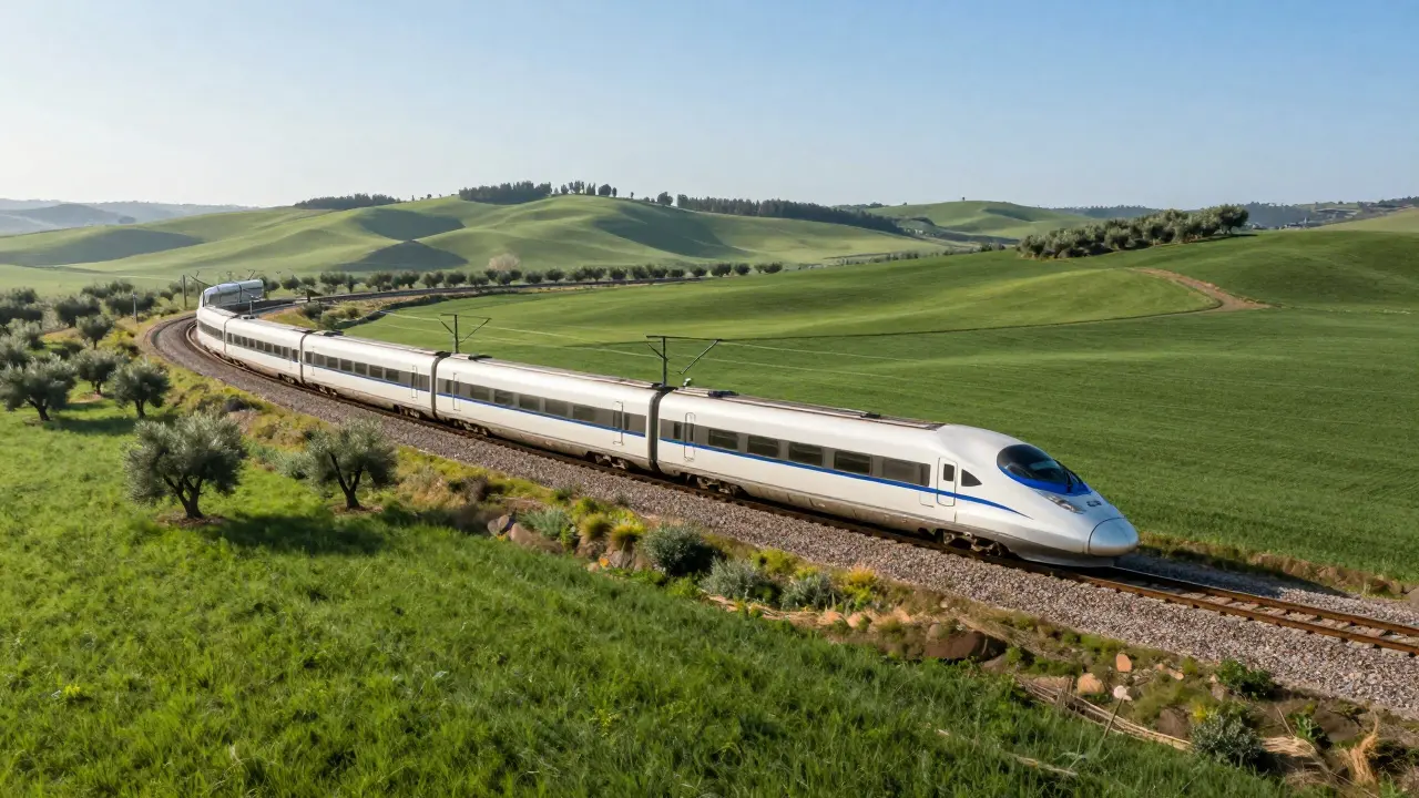 Tren de alta velocidad cruzando campos verdes para viajar sostenible