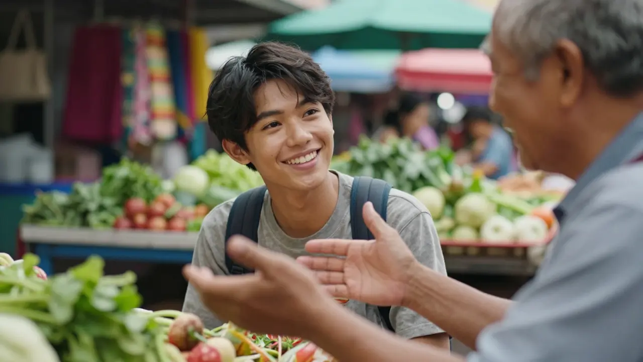 Turista sonriendo y conversando con vendedor local en mercado asiático