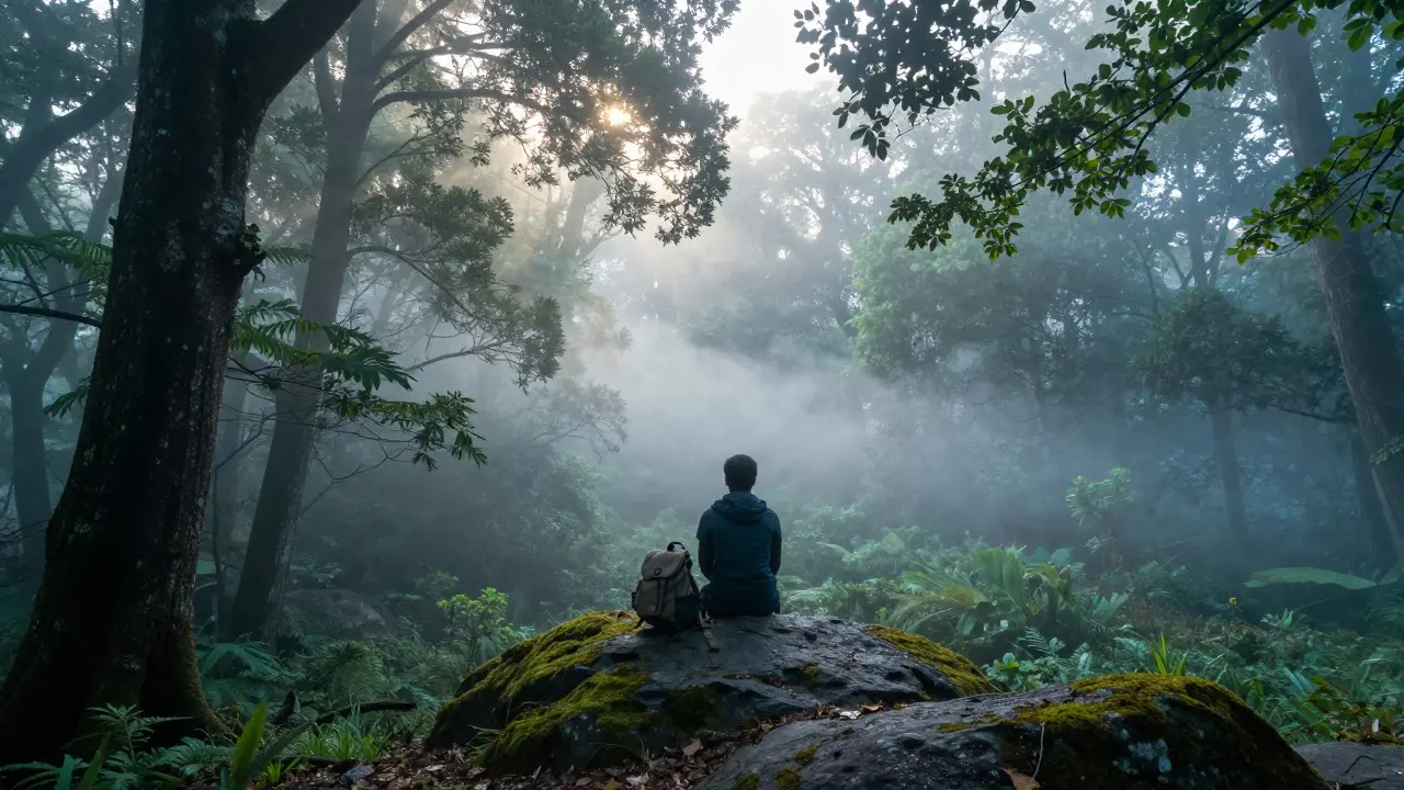Un viajero en la naturaleza contemplando un bosque nebuloso, desconectado de la tecnología