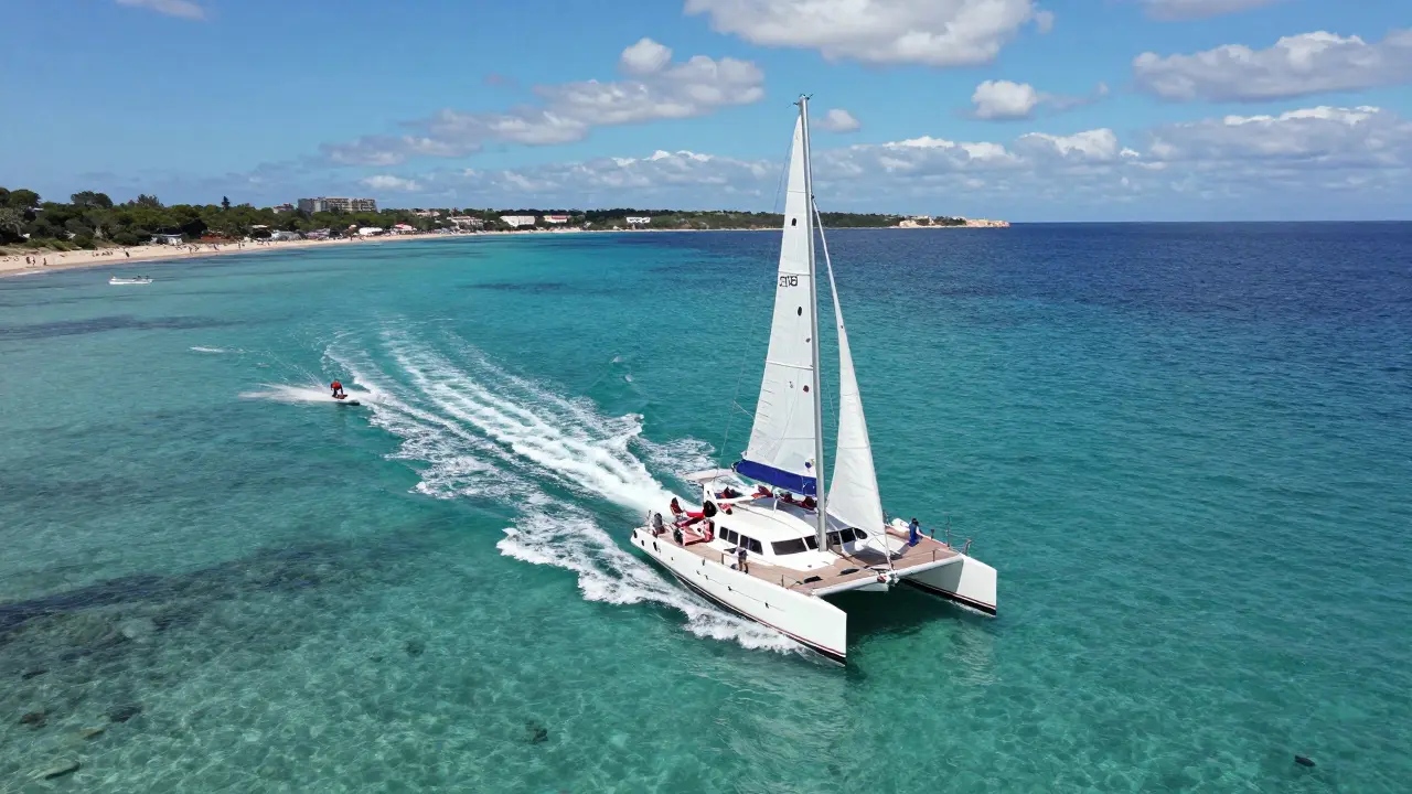 Vista aérea de un catamarán navegando cerca de Formentera con deportes acuáticos