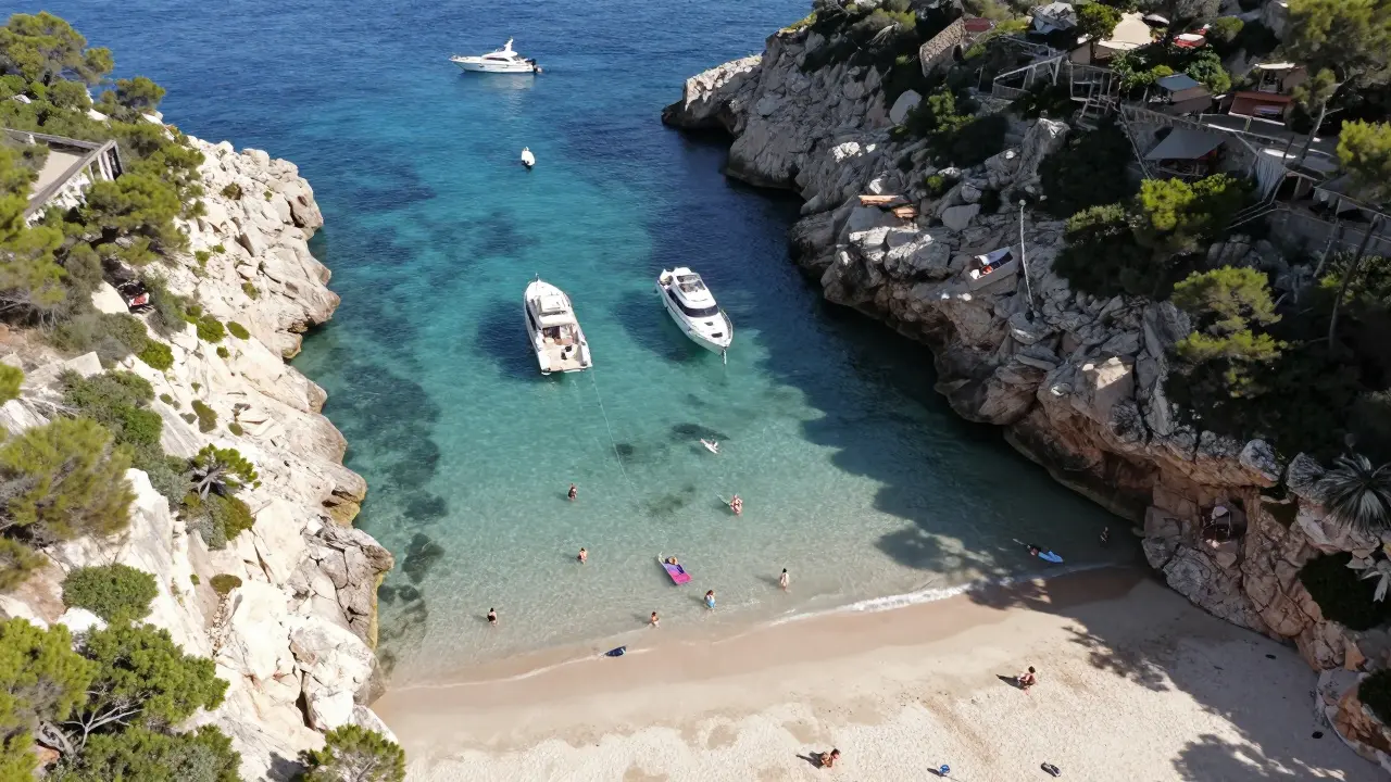 Vista aérea de yates anclados en una cala escondida de Ibiza
