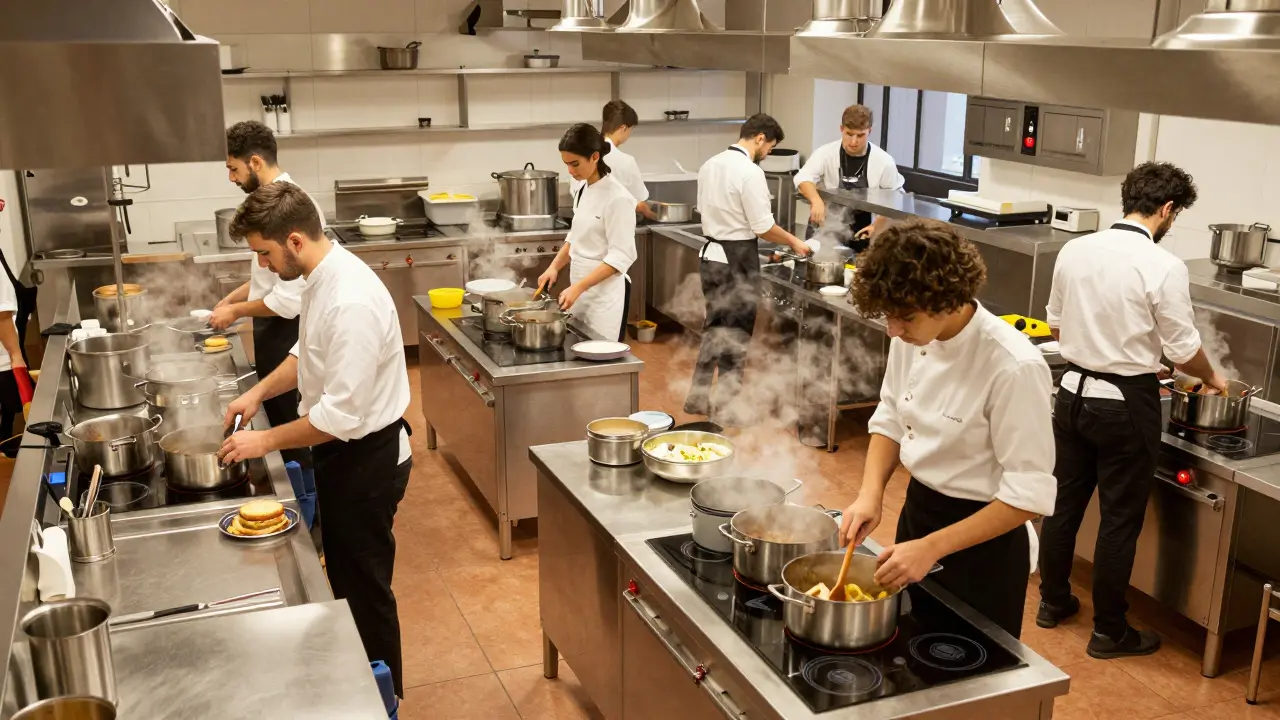 Aula activa de gastronomía con estudiantes cocinando y equipo profesional moderno