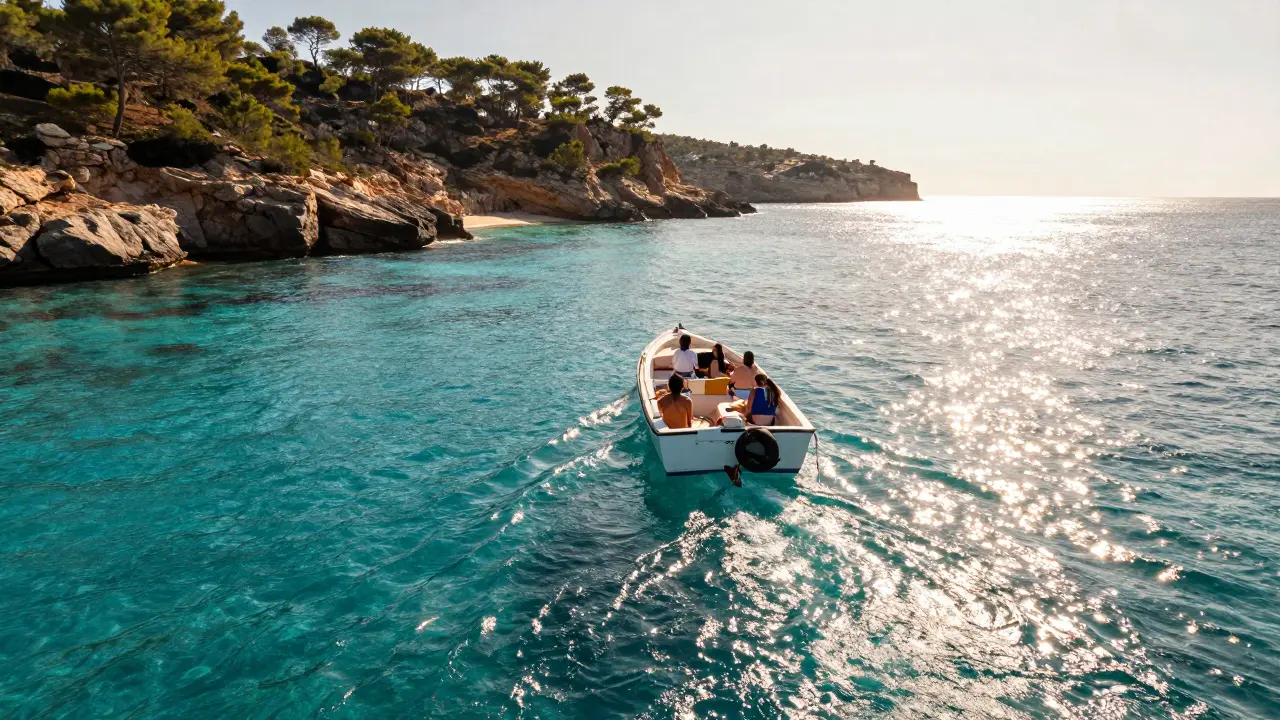 Barco de pasajeros navegando hacia una cala escondida