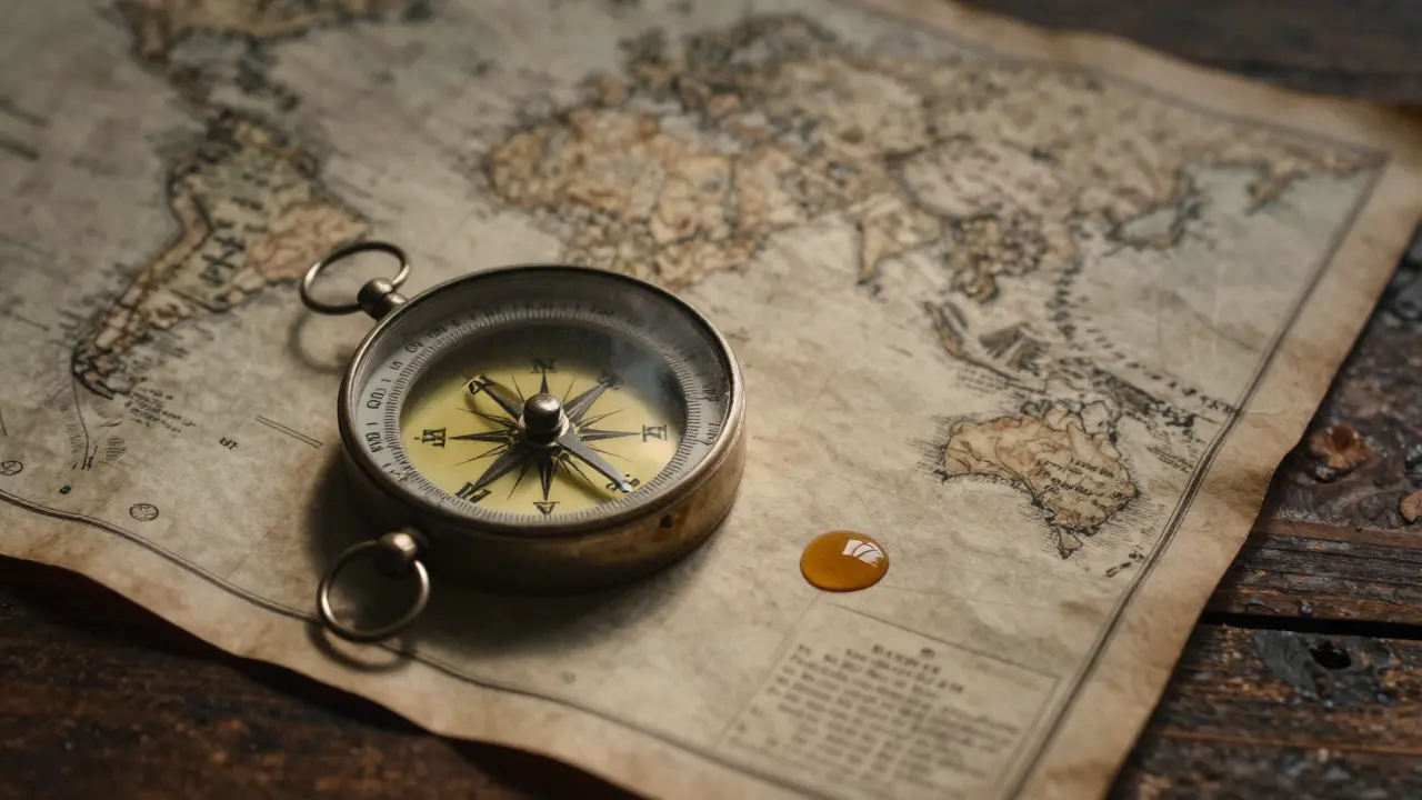 Brújula vieja sobre mapa antiguo en mesa de madera con iluminación dramática