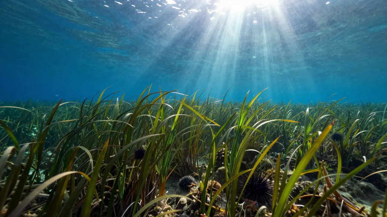 Buceador entre praderas de posidonia con rayos de sol bajo el agua