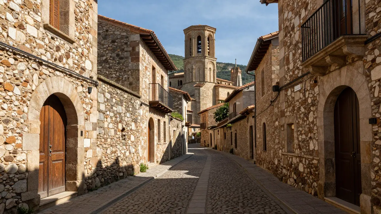 Callejuelas medievales de piedra en Aínsa-Sobrarbe con la catedral al fondo