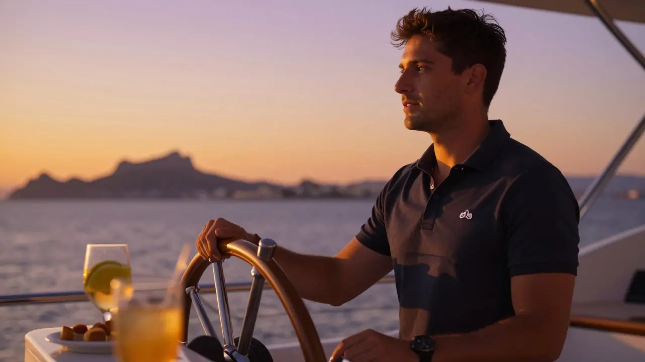 Capitán manejando un yate al atardecer con la costa de Ibiza al fondo