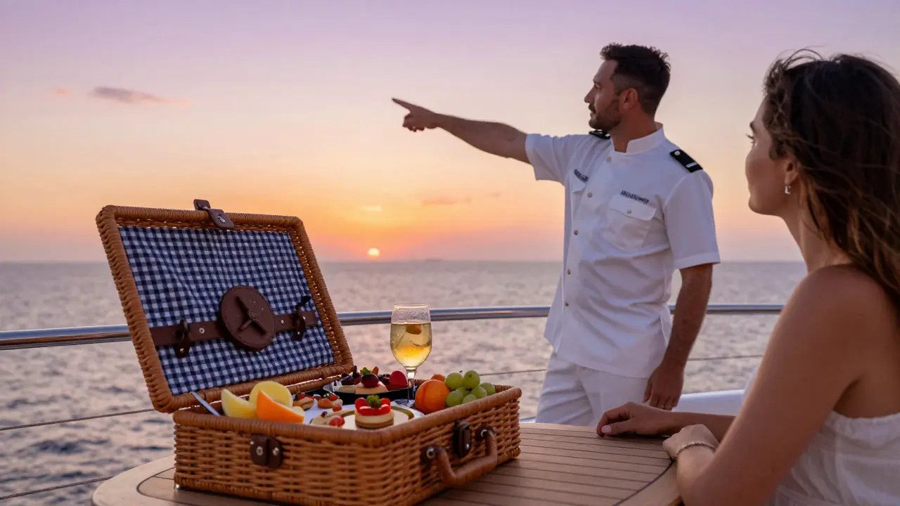 Capitán señalando el horizonte mientras una pareja disfruta de tapas al atardecer en el yate