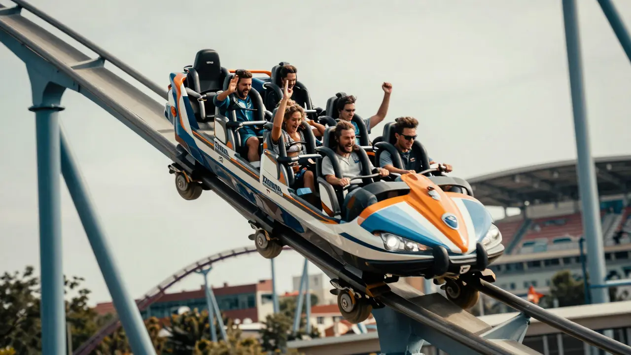 Carreras en la montaña rusa invertida Titanes de Metal con pasajeros emocionados