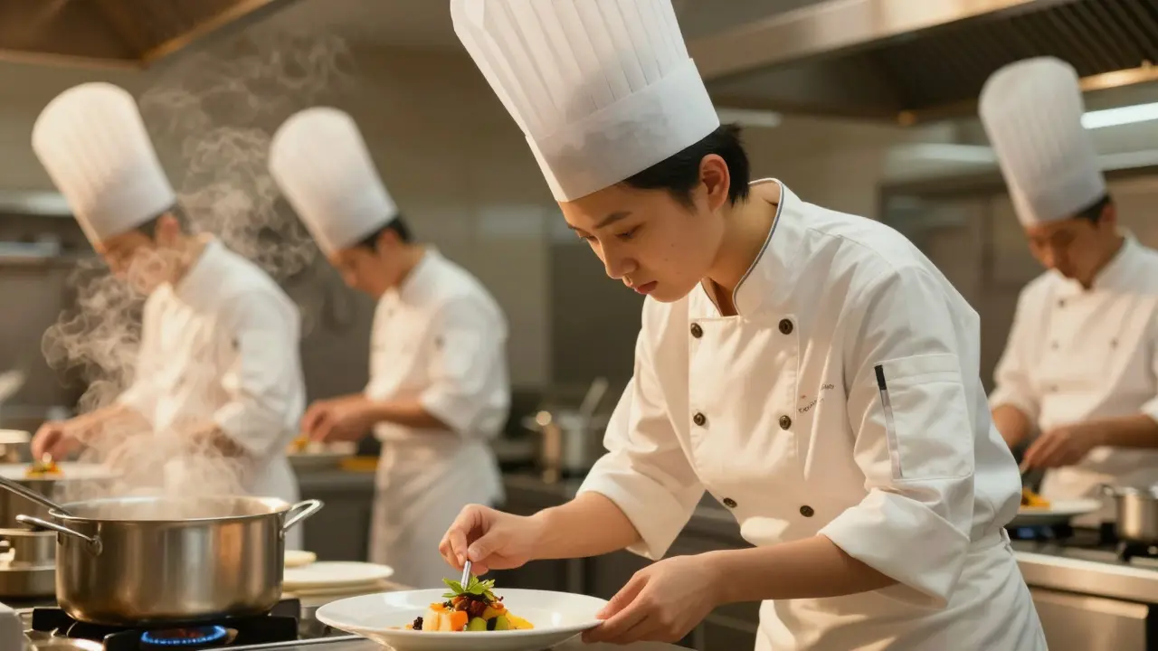 Chef estudiante concentrado en la presentación final de un plato gourmet