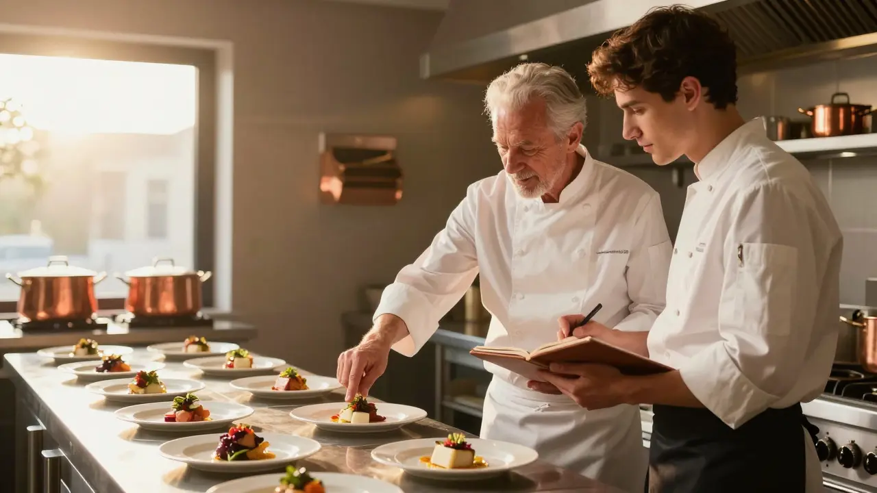 Chef senior guiando a un ayudante joven en la preparación de platos