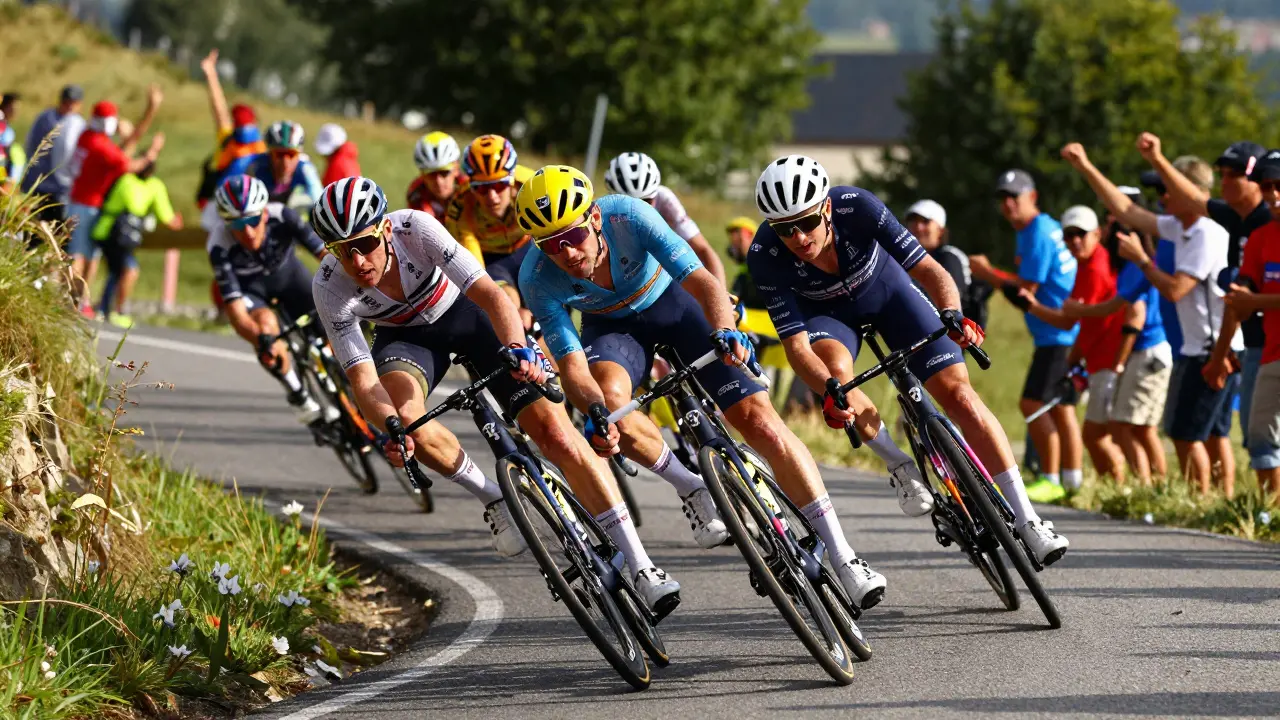 Ciclistas profesionales ascendiendo empinadas curvas del Col de la Perche en el Tour de Francia.