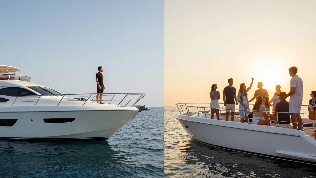 Comparación visual entre la libertad de poseer un yate privado y la experiencia de alquiler