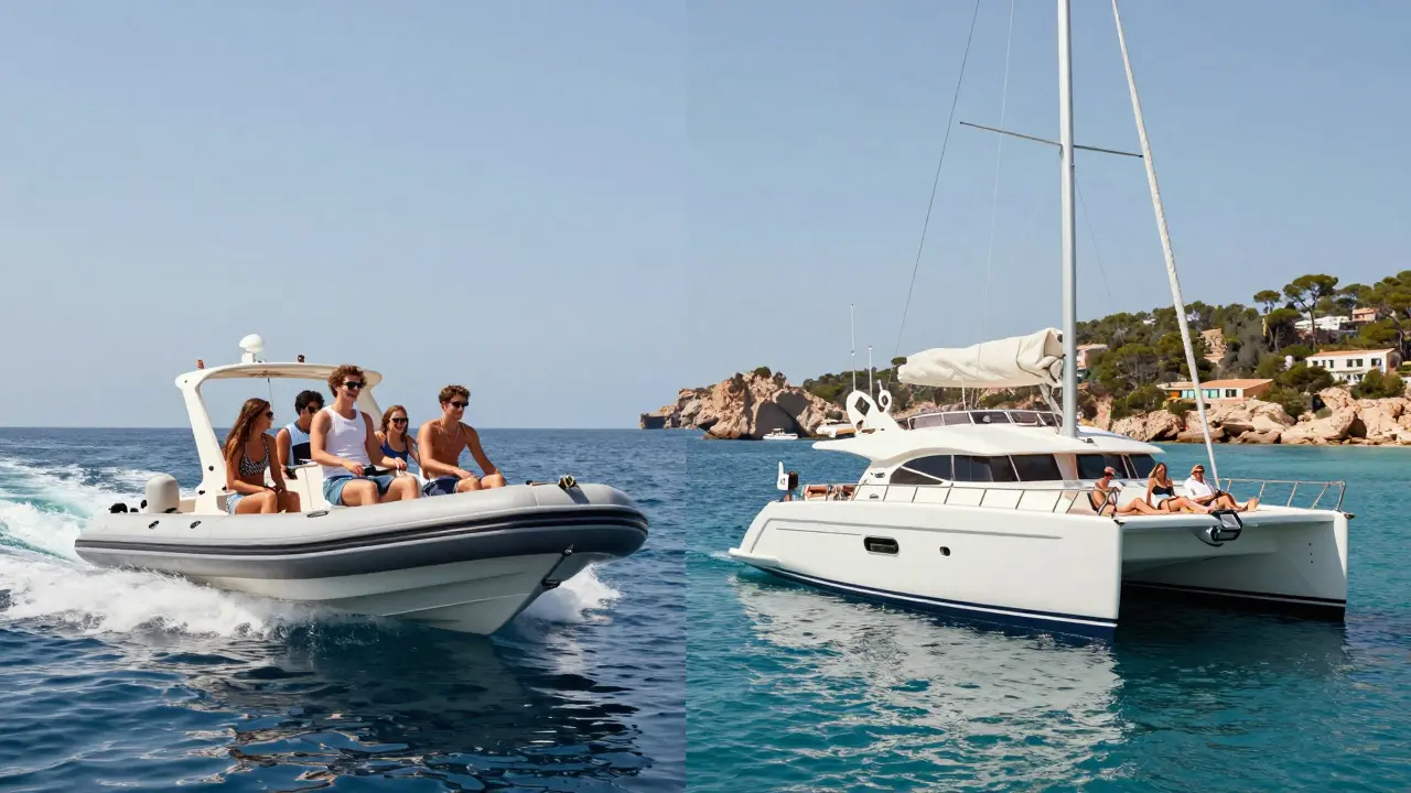 Comparación visual entre un barco RIB rápido y un catamarán lujoso en Ibiza