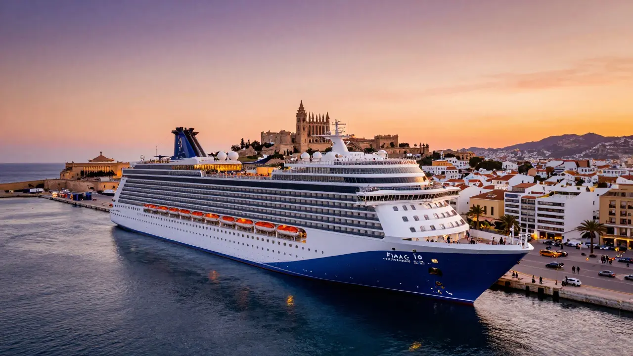 Crucero atracado en el puerto de Ibiza con el castillo al atardecer