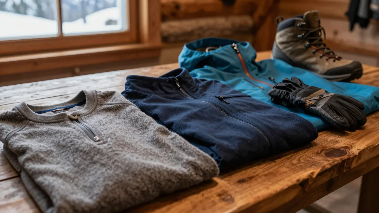 Equipamiento de senderismo con ropa en capas sobre una mesa de madera en un refugio