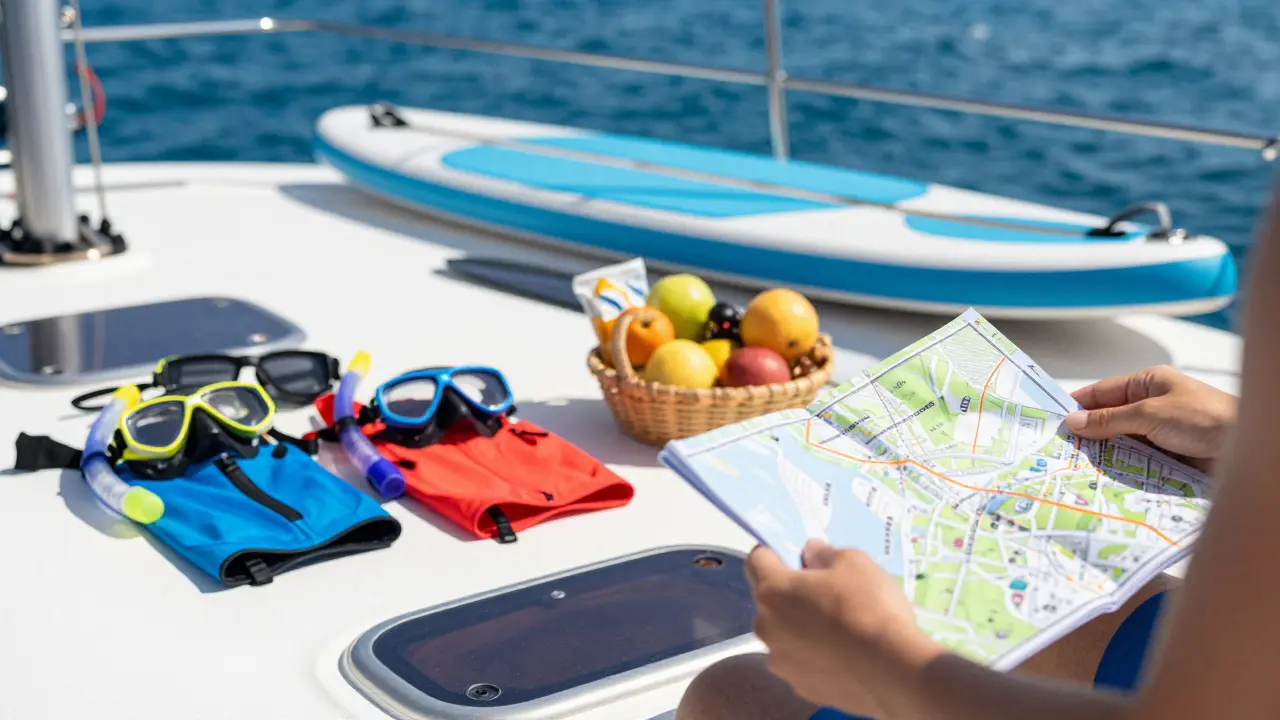 Equipo de snorkel y provisiones frescas en la cubierta de un catamarán, sugiriendo ahorro y diversión