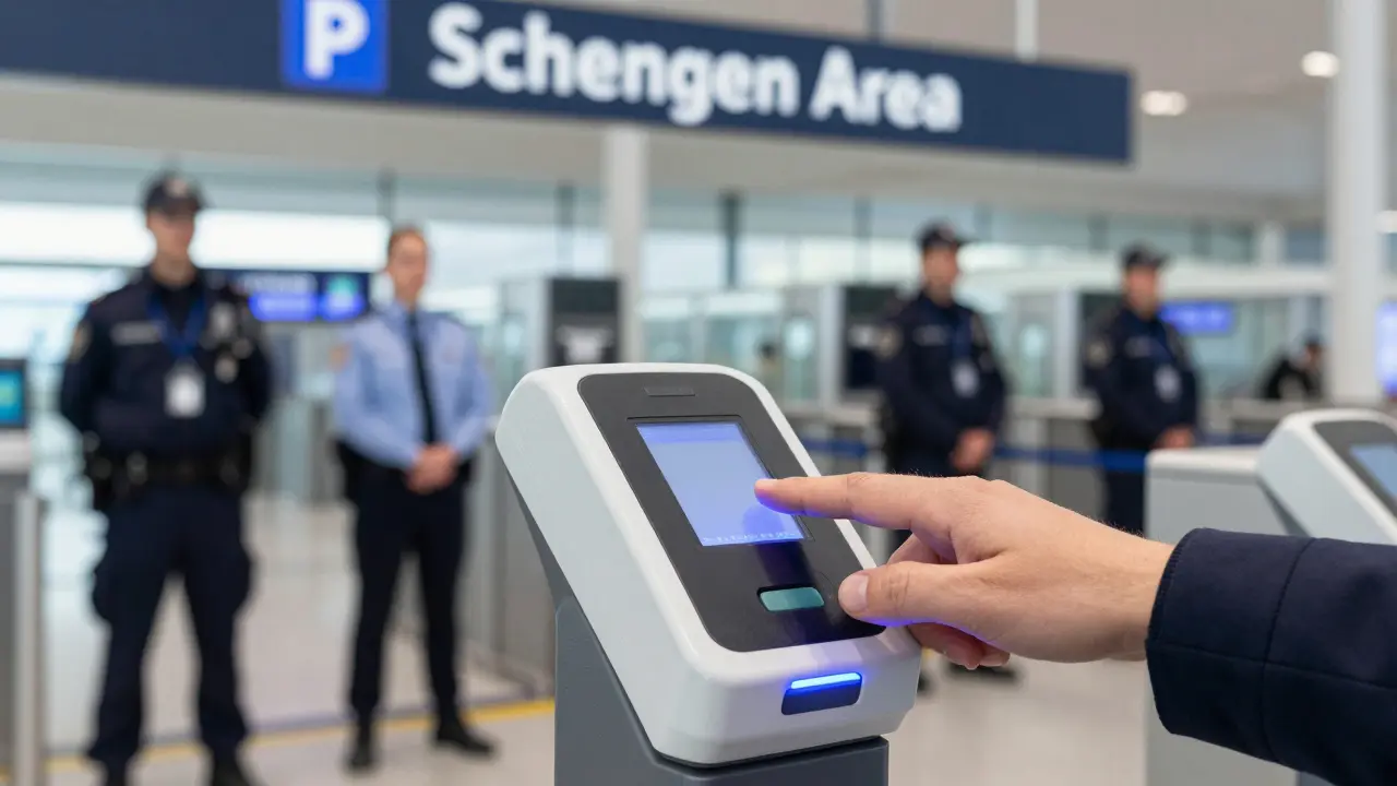 Escáner biométrico en control fronterizo simbolizando requisitos de seguridad