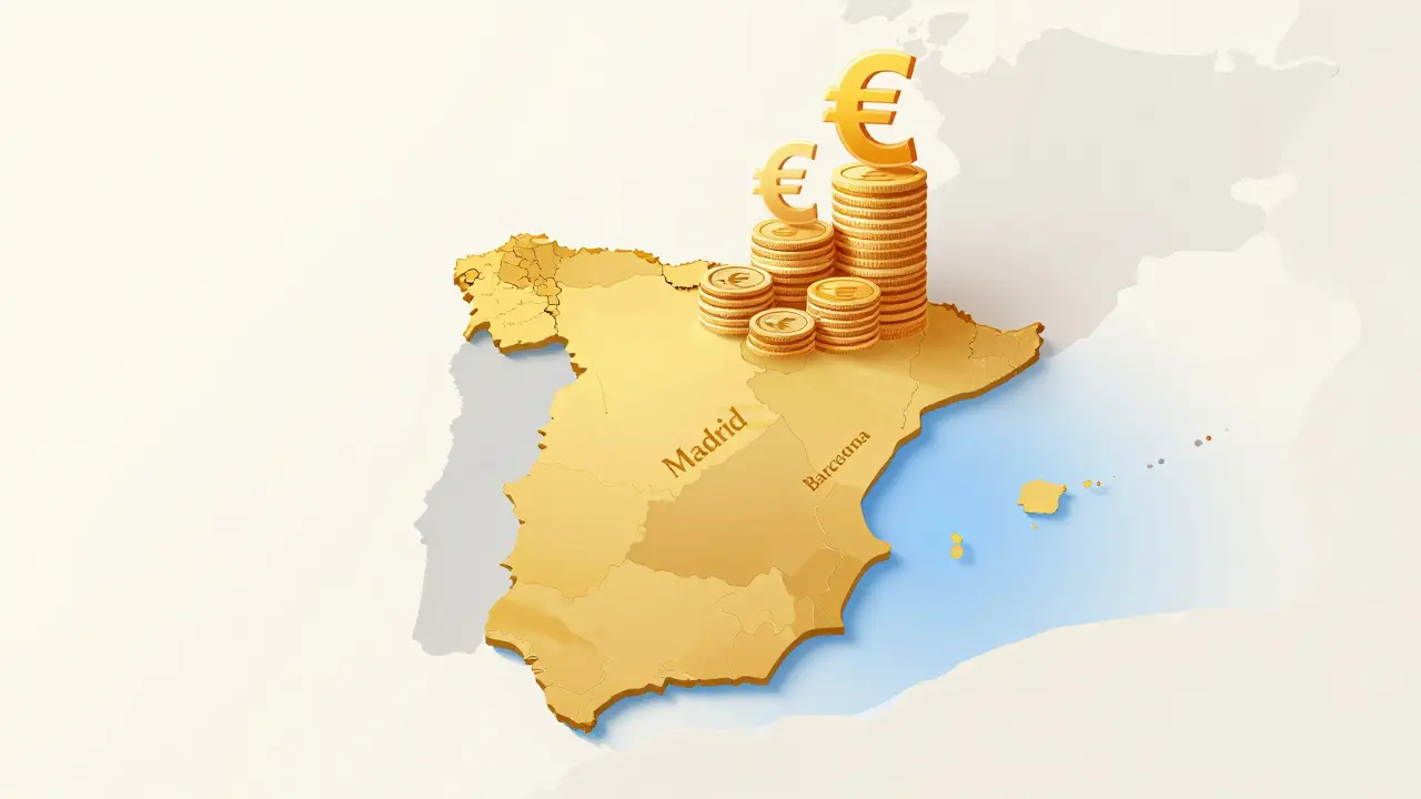 Ilustración conceptual del mapa de España mostrando diferencias salariales por región