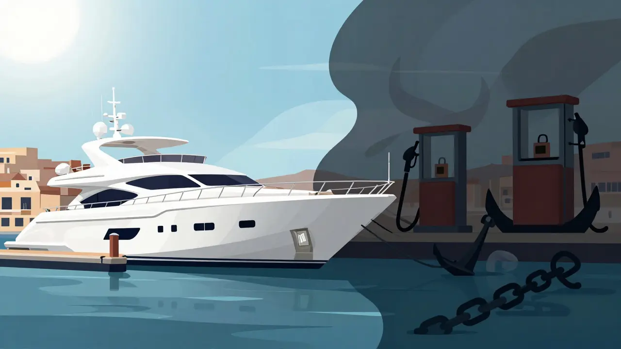 Ilustración conceptual mostrando un yate y símbolos abstractos de costes ocultos como combustible