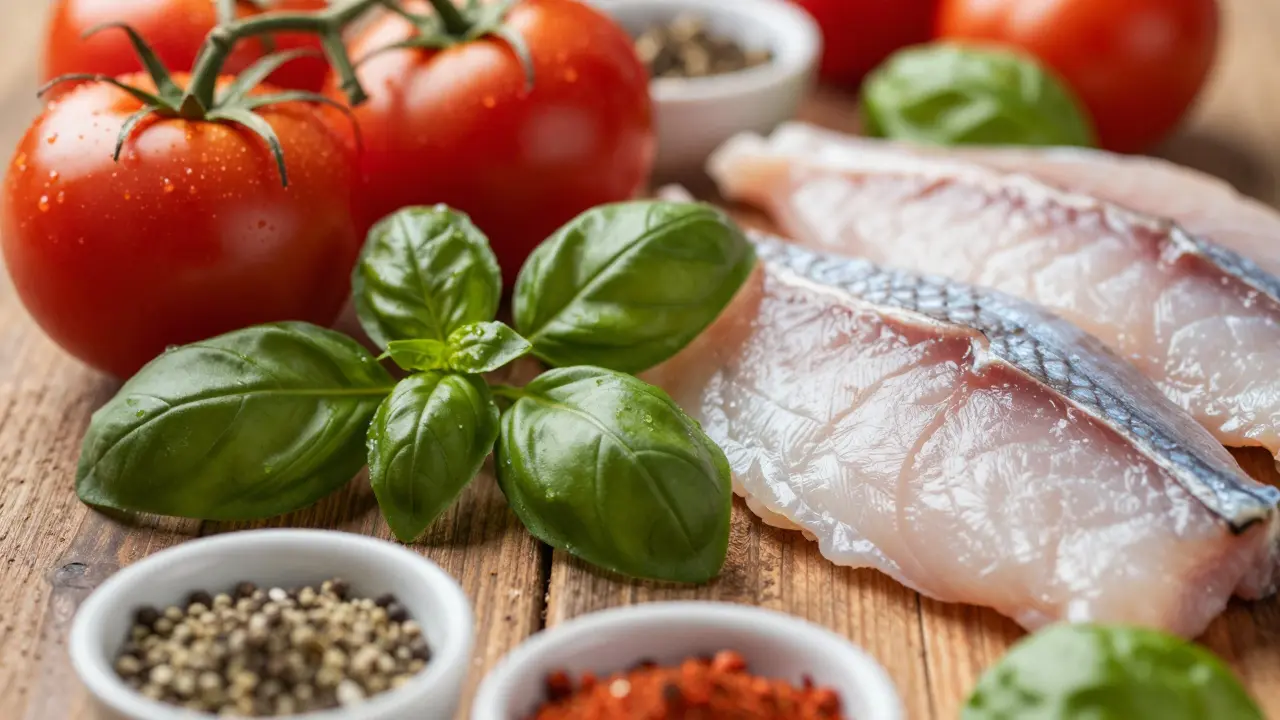 Ingredientes frescos españoles dispuestos sobre una mesa de madera rústica