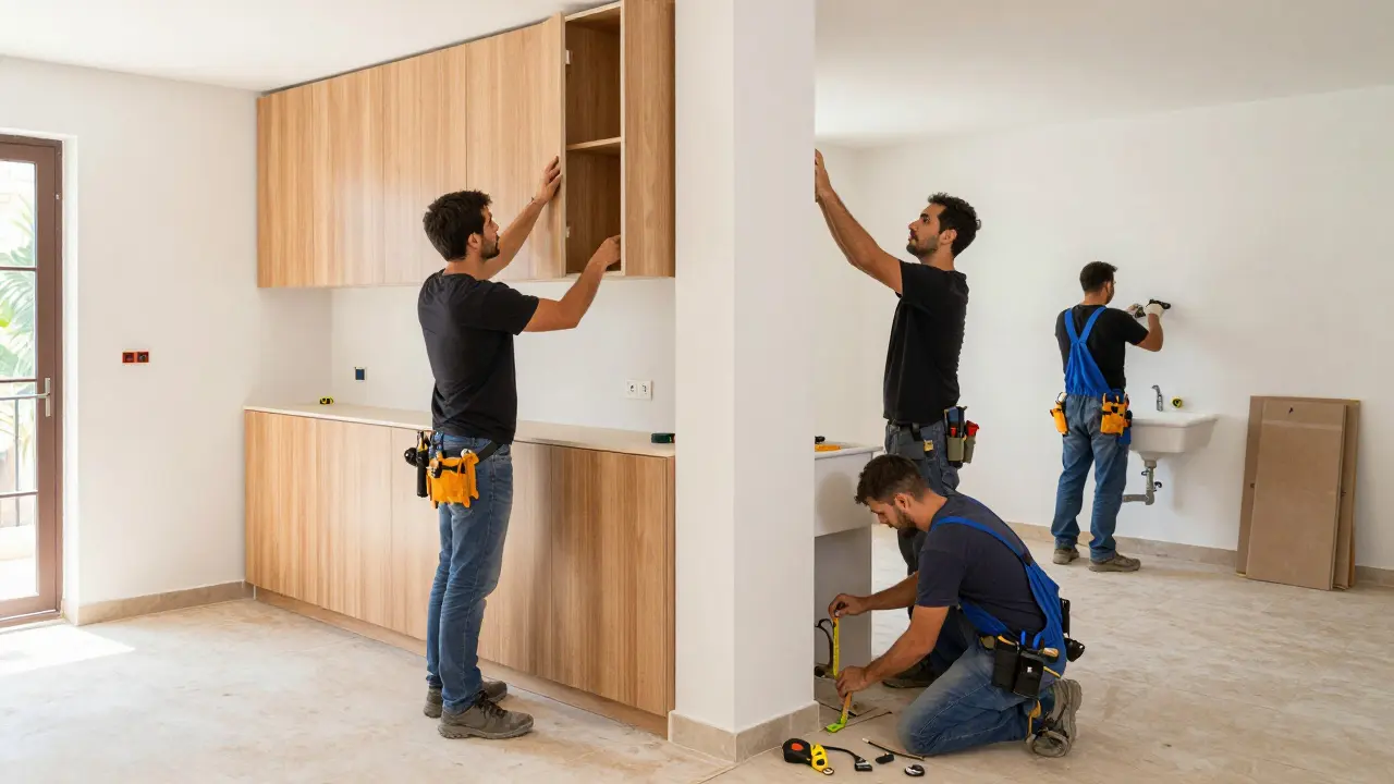 Instaladores profesionales montando una cocina a medida con obras