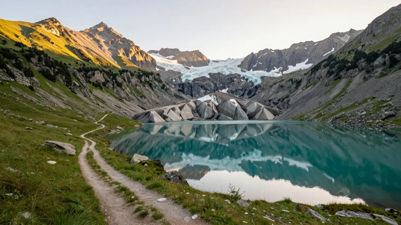 Lago de Plan con aguas turquesas reflejando montañas y morrenas glaciares