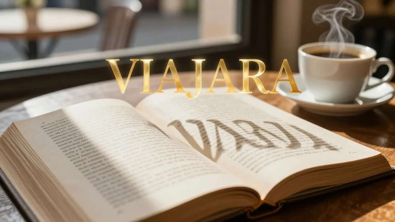 Libro abierto con letras flotantes de VIAJARA en mesa
