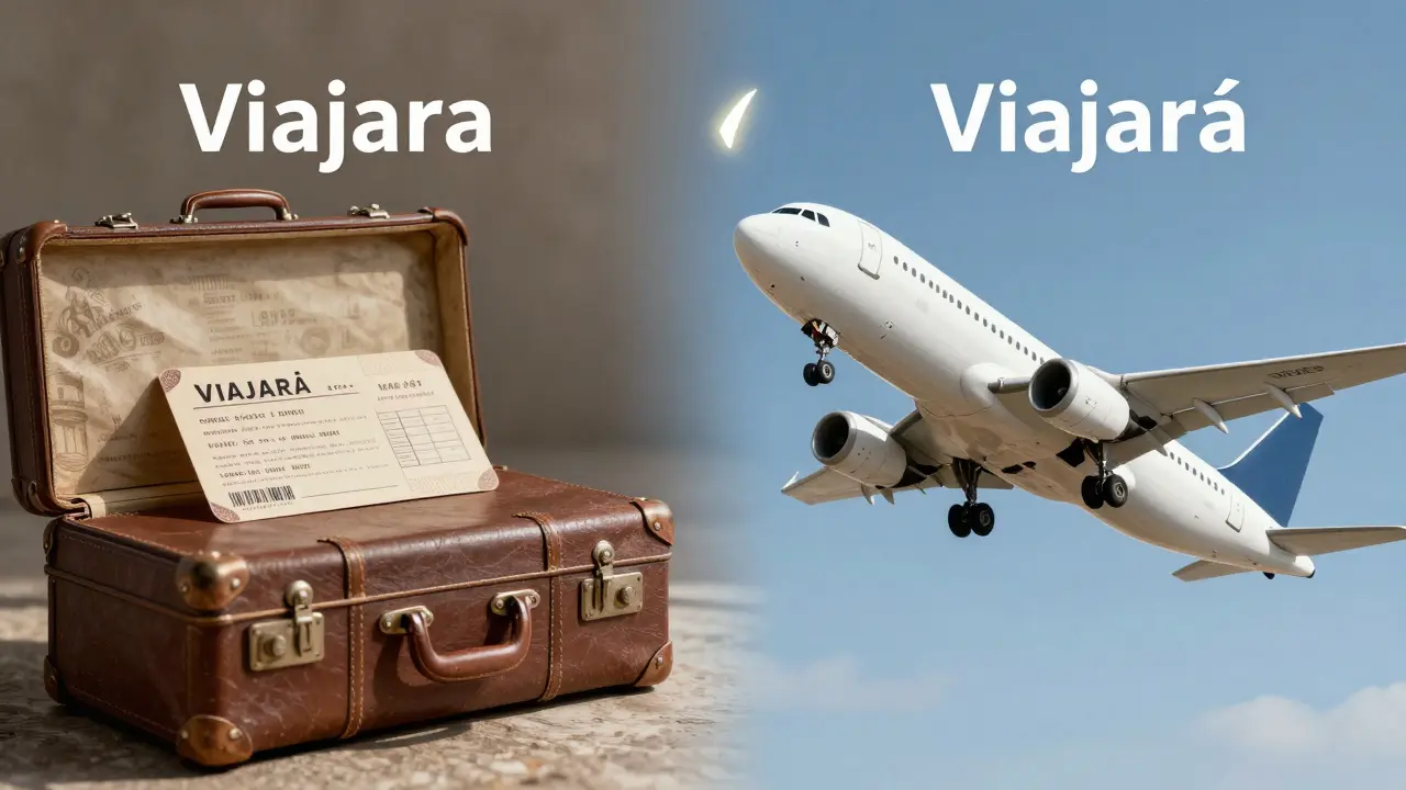 Maleta antigua vs avión moderno mostrando Viajara vs Viajará
