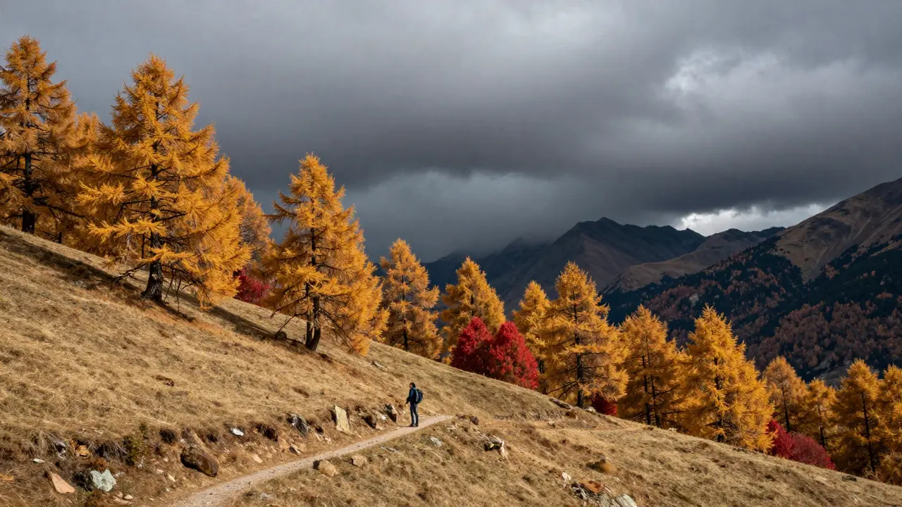 Paisaje otoñal en los Pirineos con árboles dorados y nubes de tormenta acercándose