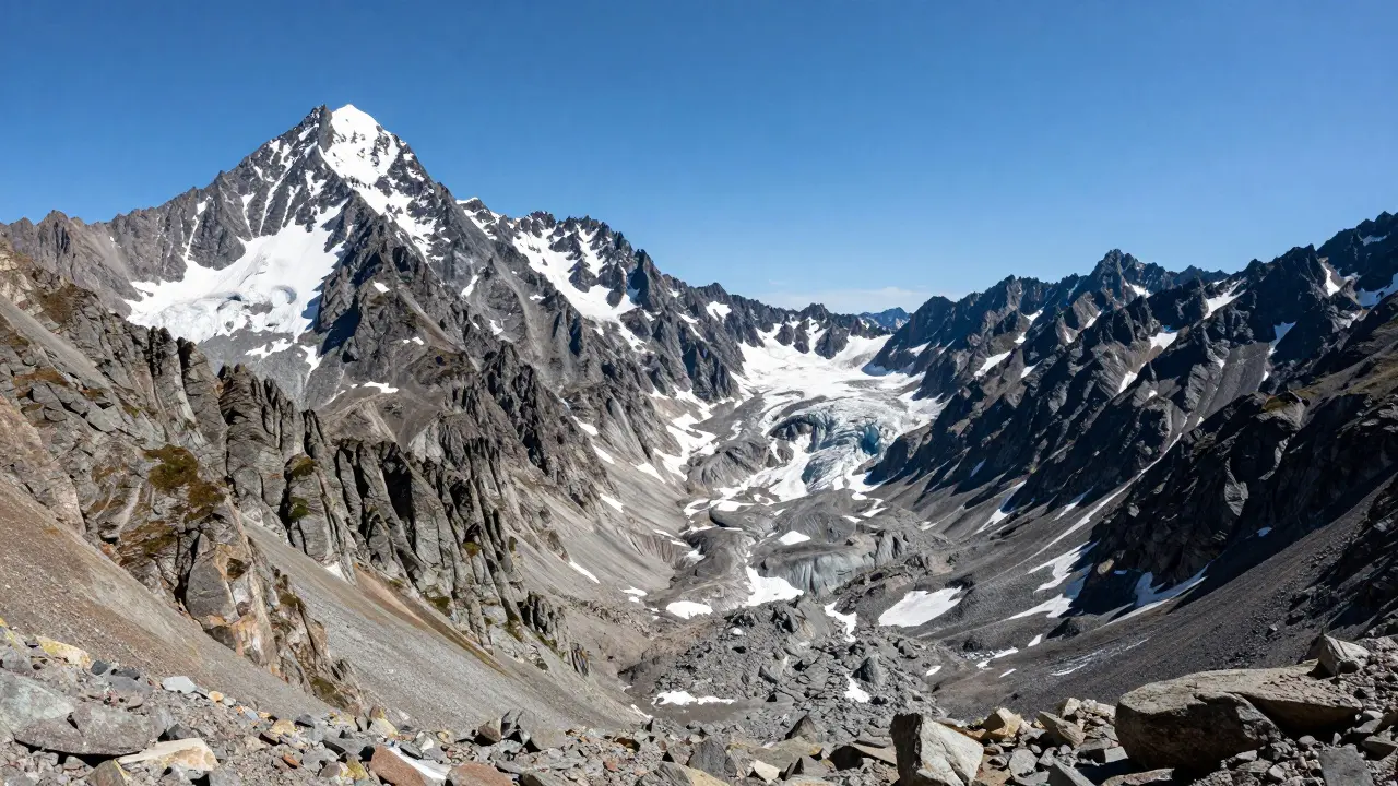 Picos Maladeta y Aneto con pequeños restos de nieve en grietas rocosas