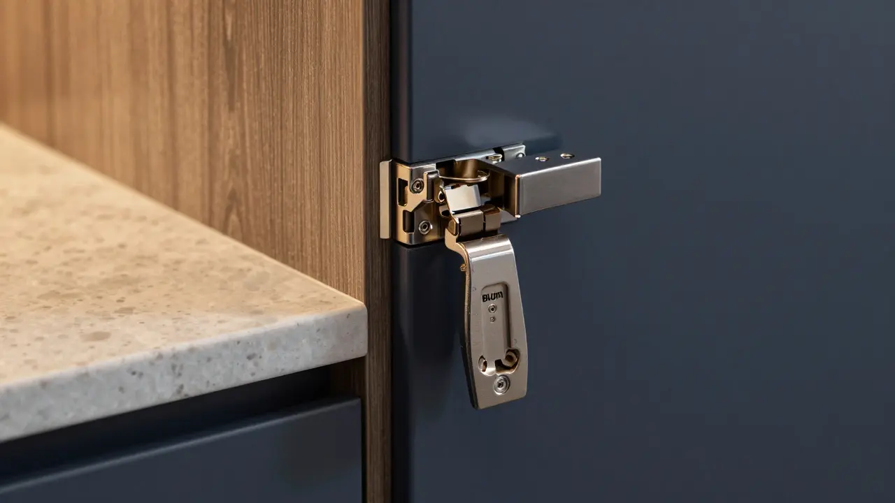 Primer plano de herrajes premium y encimera de cuarzo en cocina de lujo