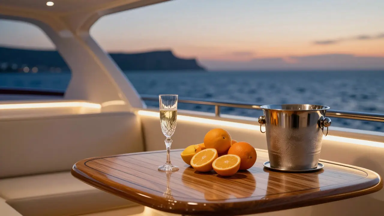 Primer plano de mesa con champán y frutas en la cubierta de un yate durante el atardecer