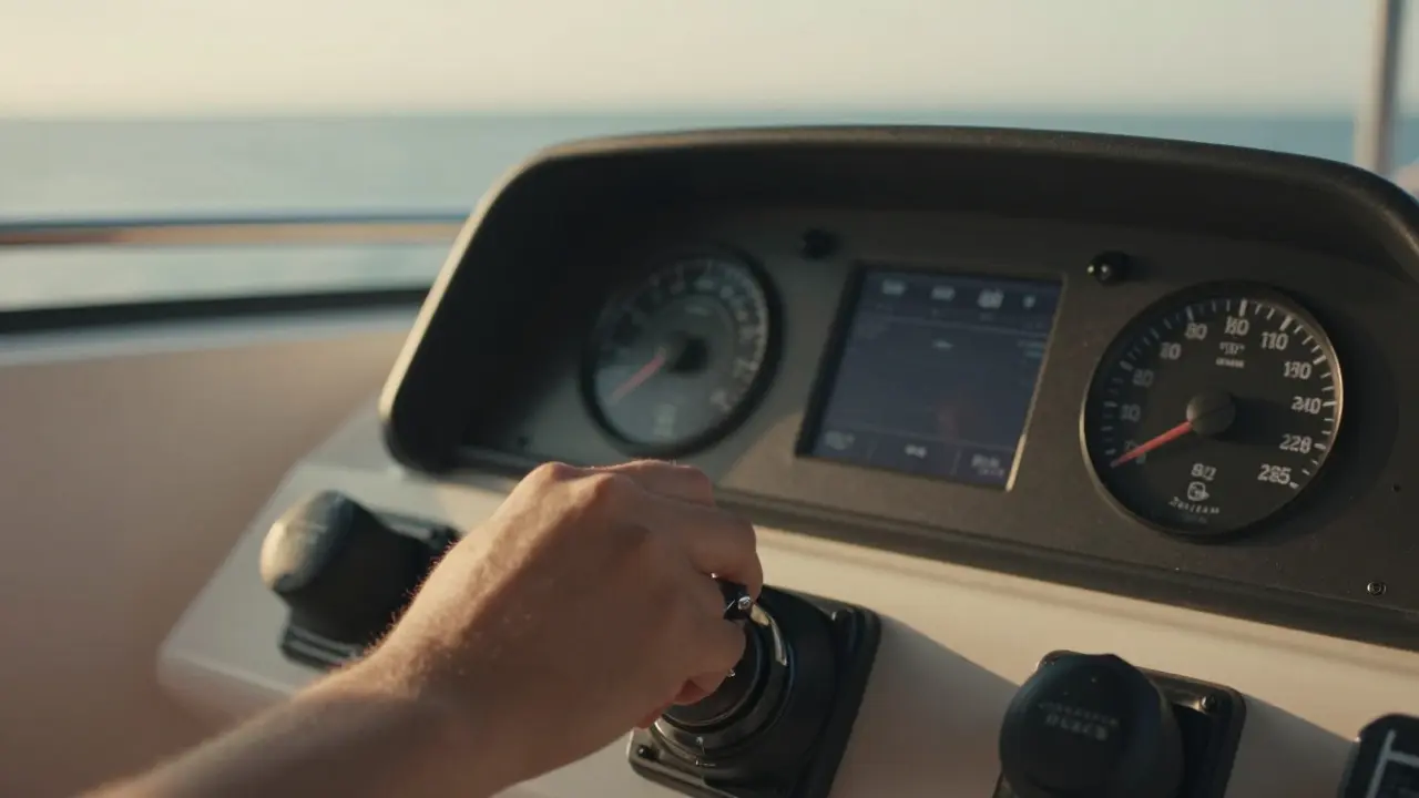 Primer plano del timón y controles de velocidad de un yate para ahorrar combustible
