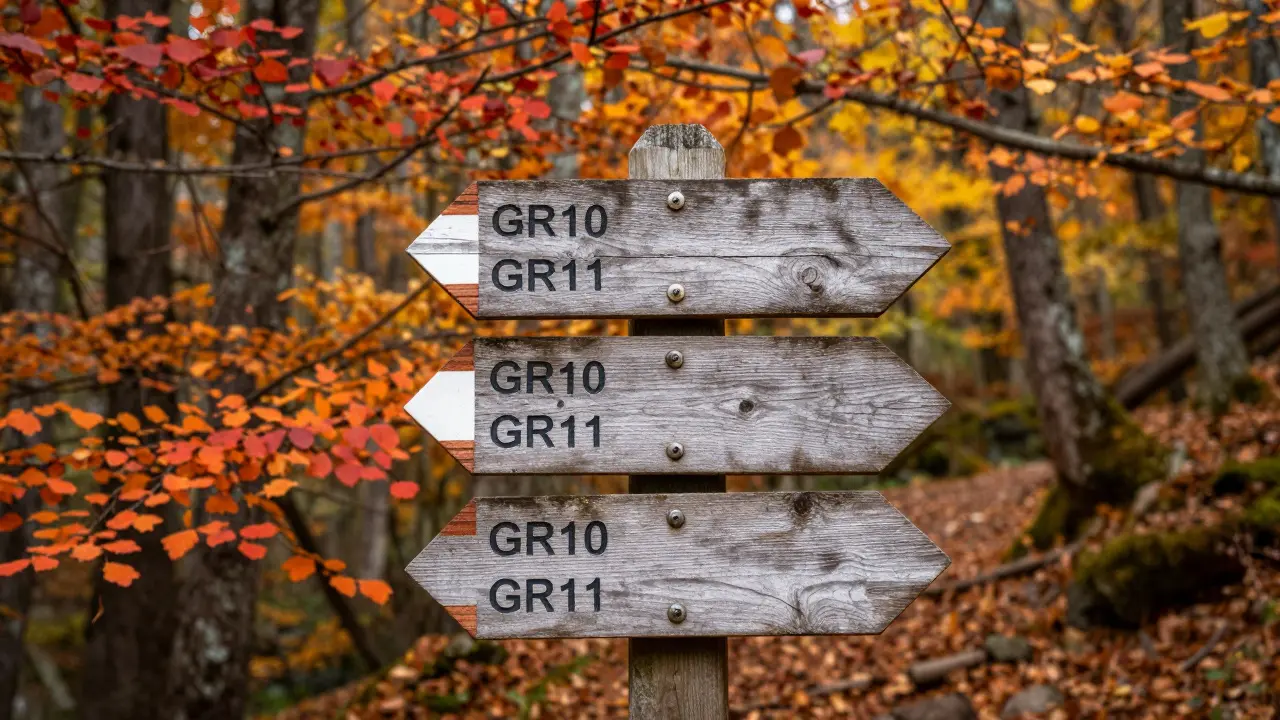Señal de senderismo en el bosque pirenaico durante el otoño
