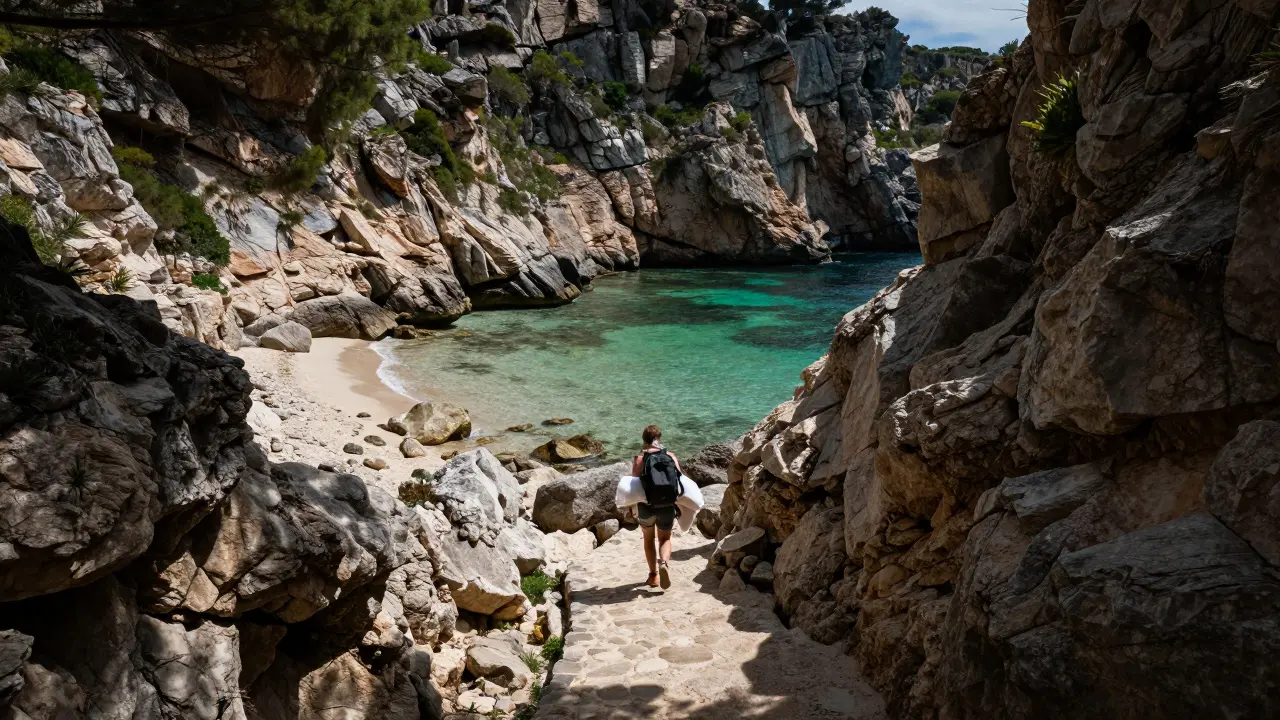 Senderista llegando a una cala silvestre y aislada en el norte de Mallorca